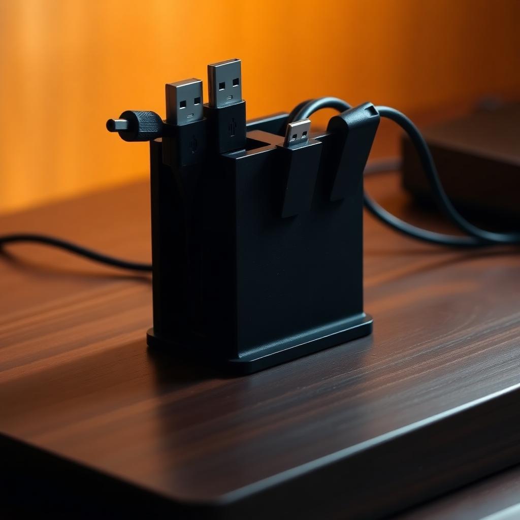 Desk Cable Organizer — Weighted base and three slots keep charging cables from sliding off the desk. Printed in matte black.